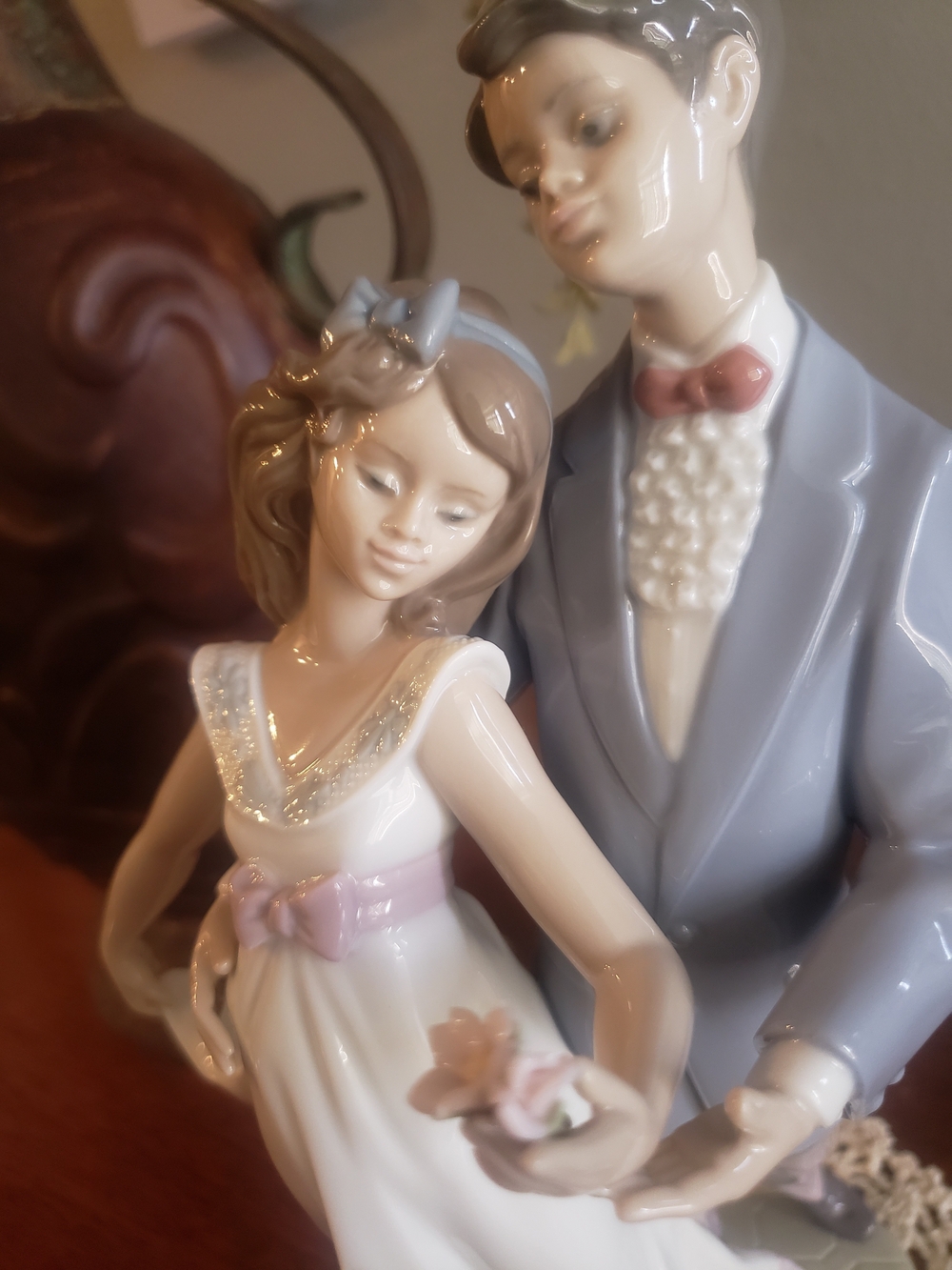 Lladro Porcelain Couple Cake Topper in White, Light Blue & Pink